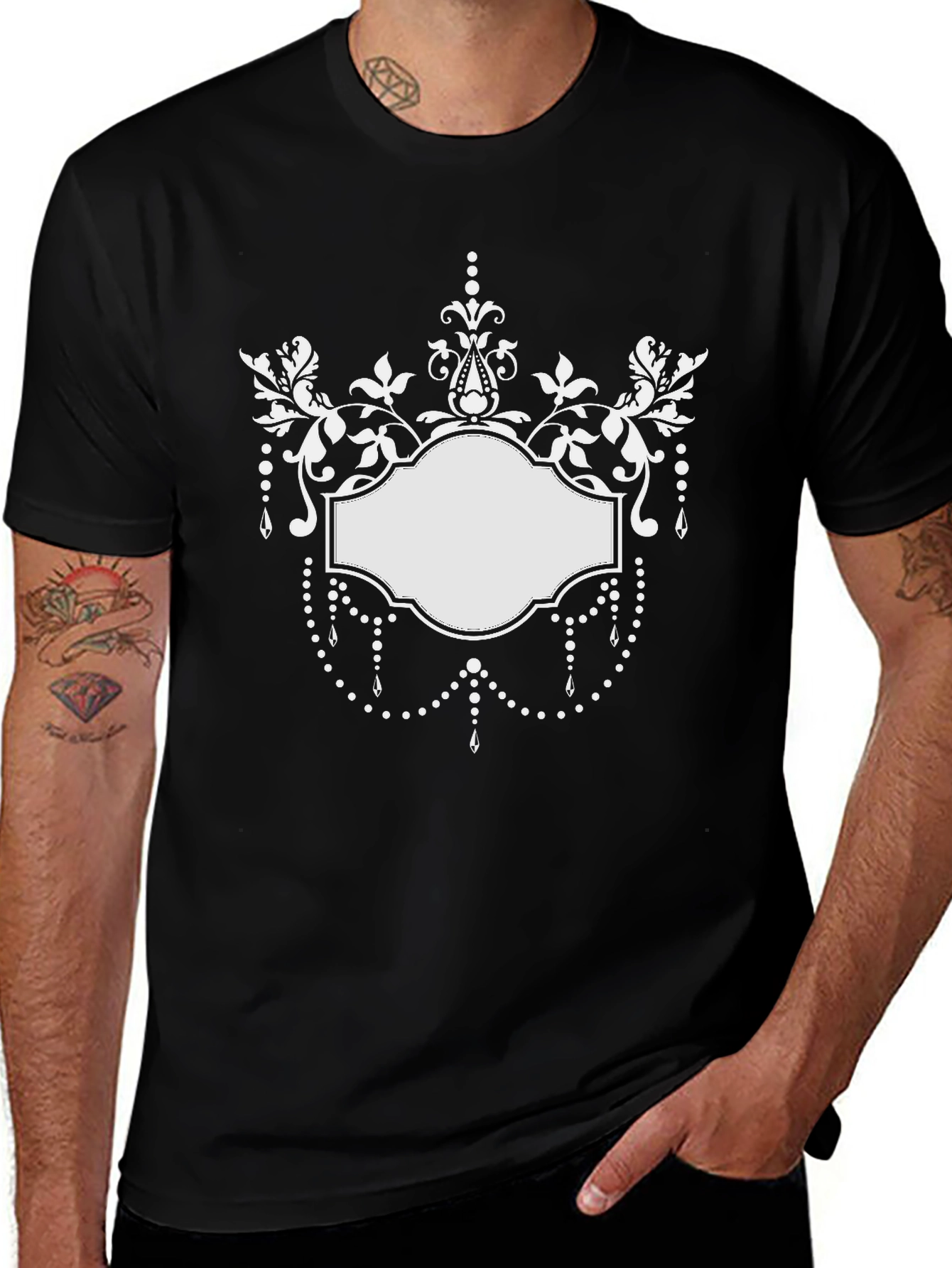 Elegant Floral Frame Black T-Shirt