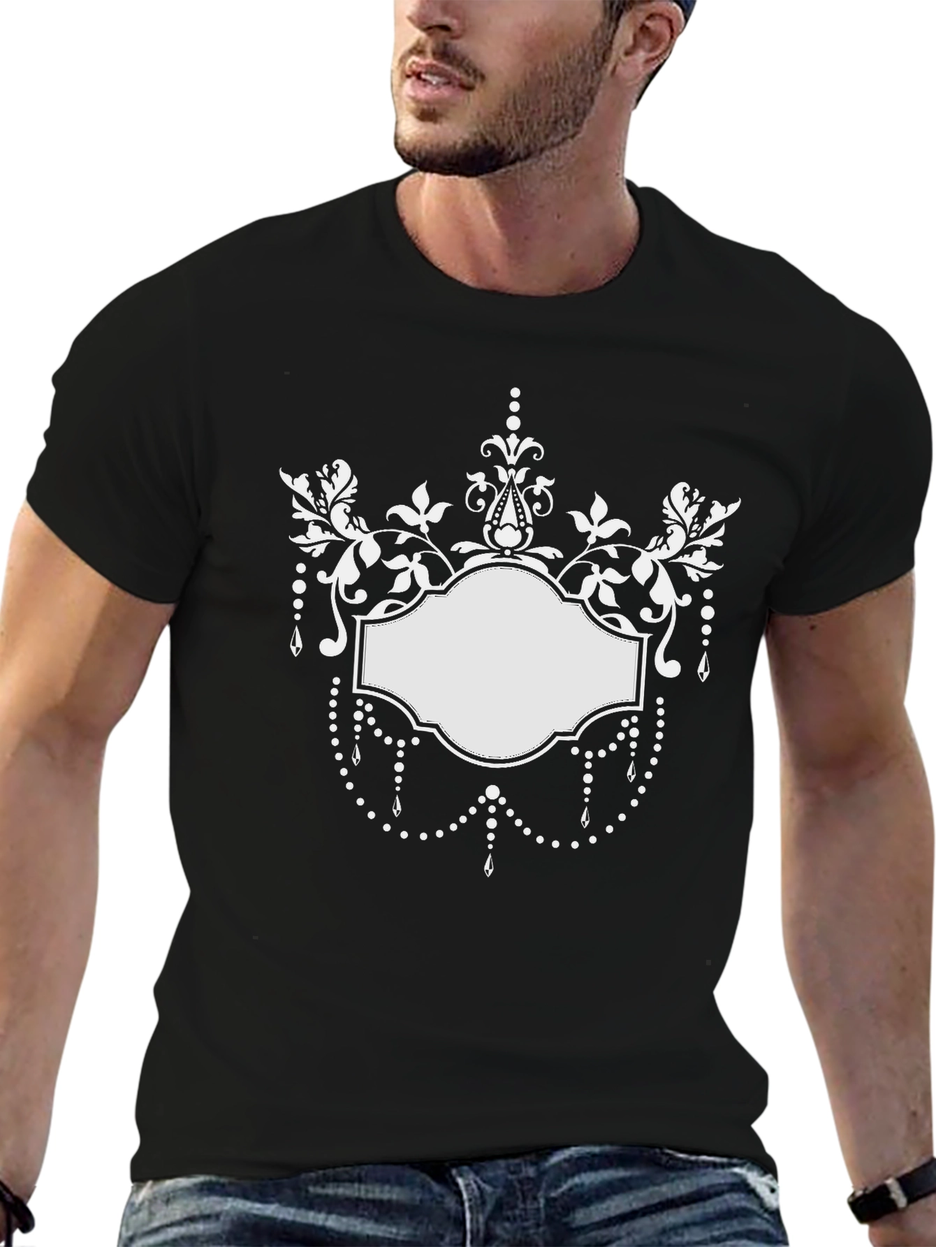 Elegant Floral Frame Black T-Shirt