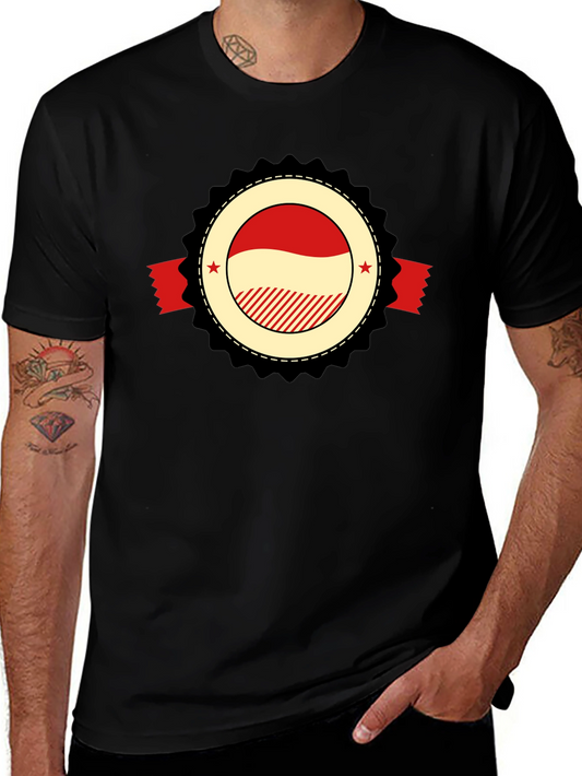 Black T-Shirt with Circular Red & Beige Emblem