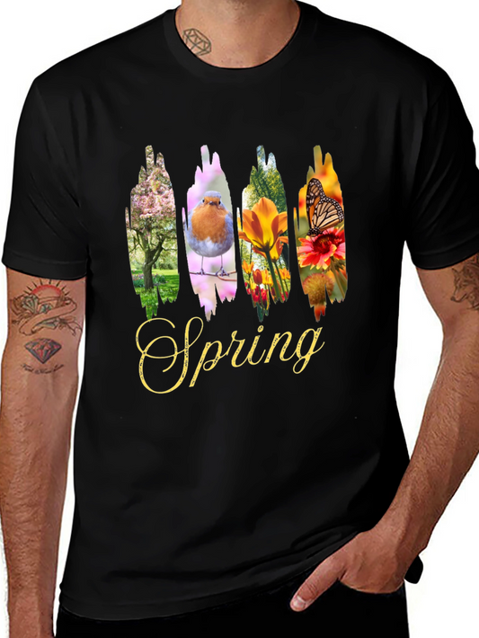 Spring Nature T-Shirt - Floral Bird Butterfly Graphic Tee