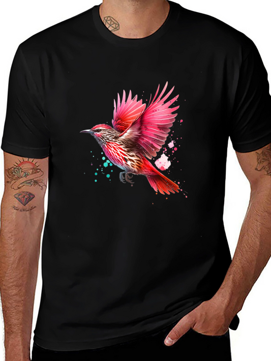 Vibrant Bird Print Black T-Shirt
