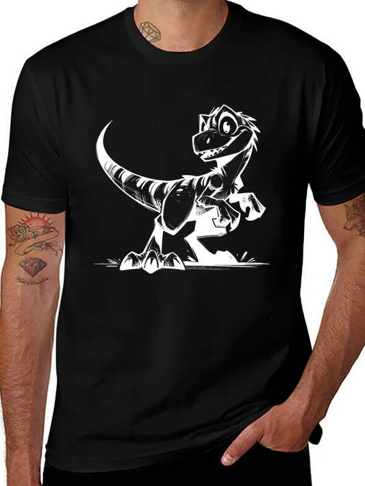 Cartoon Dinosaur Graphic Tee - Black Cotton Blend