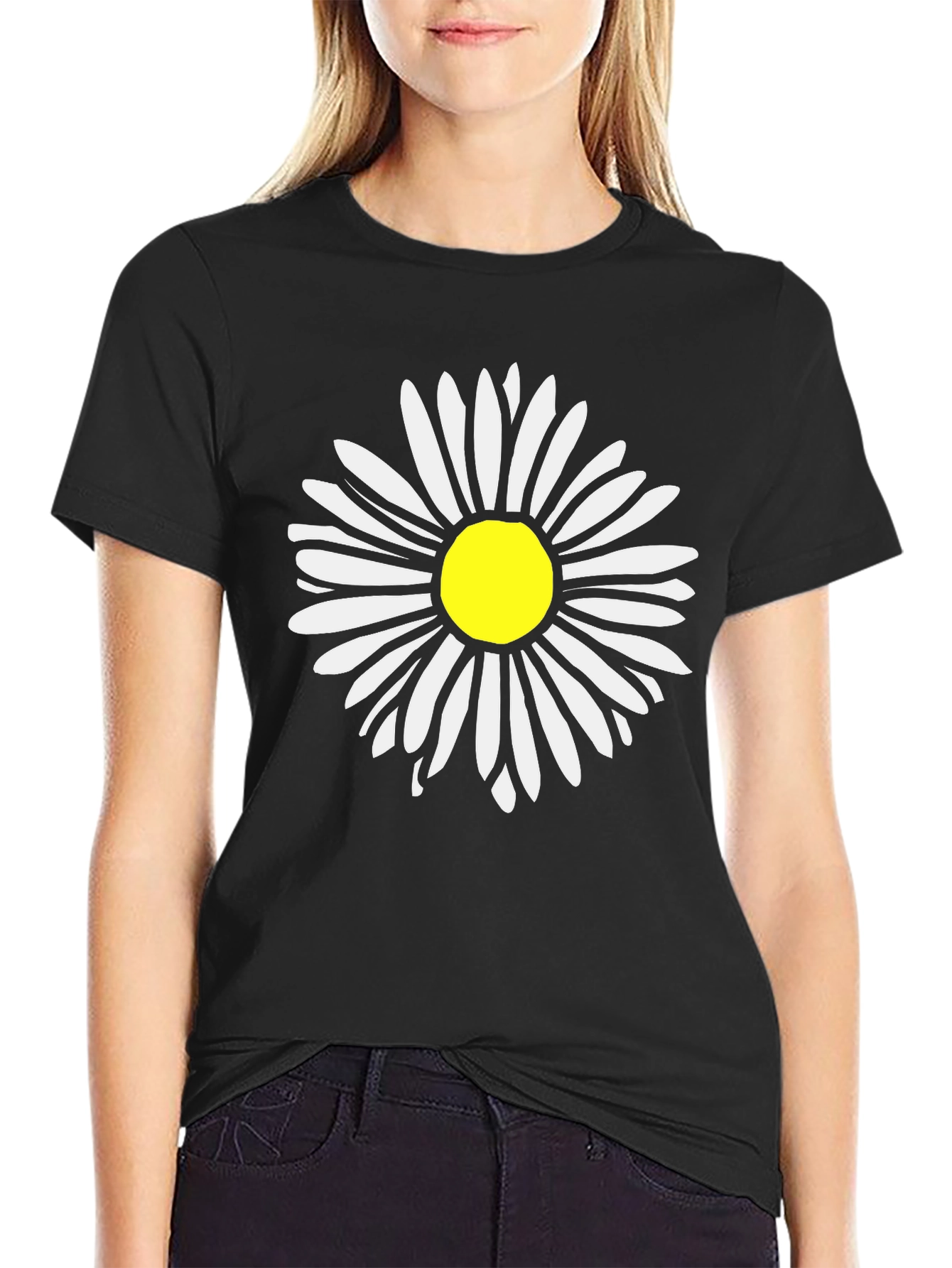 Daisy Flower Graphic Tee - Black Cotton T-Shirt