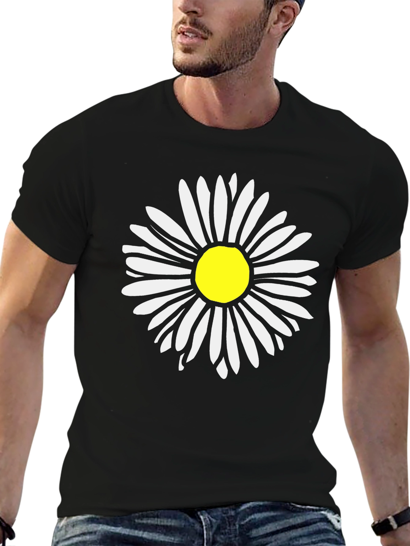 Daisy Flower Graphic Tee - Black Cotton T-Shirt
