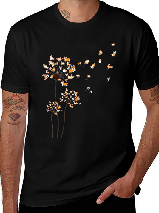 Corgi Dandelion Black T-Shirt