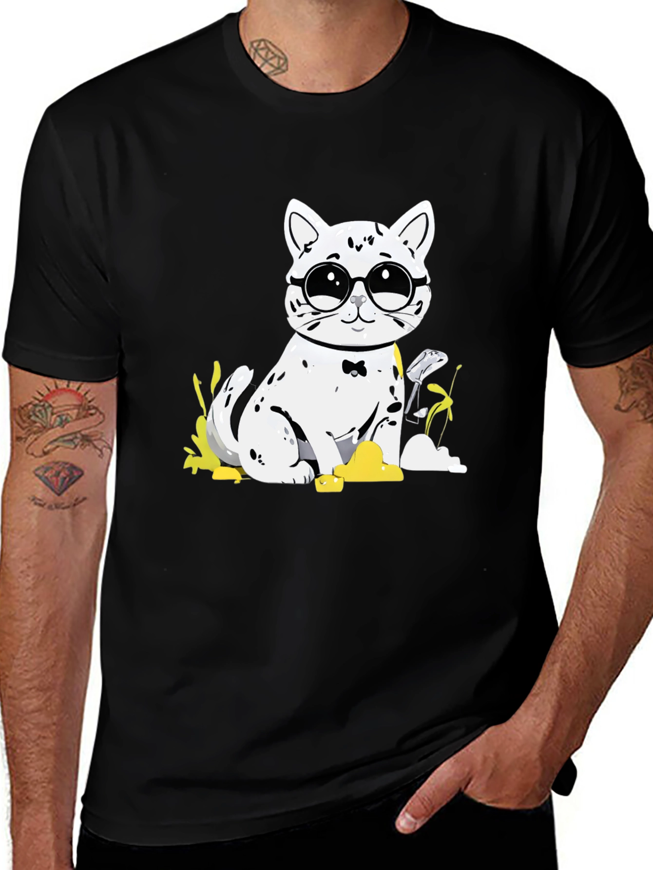 Cat with Glasses T-Shirt - Black Cotton Tee