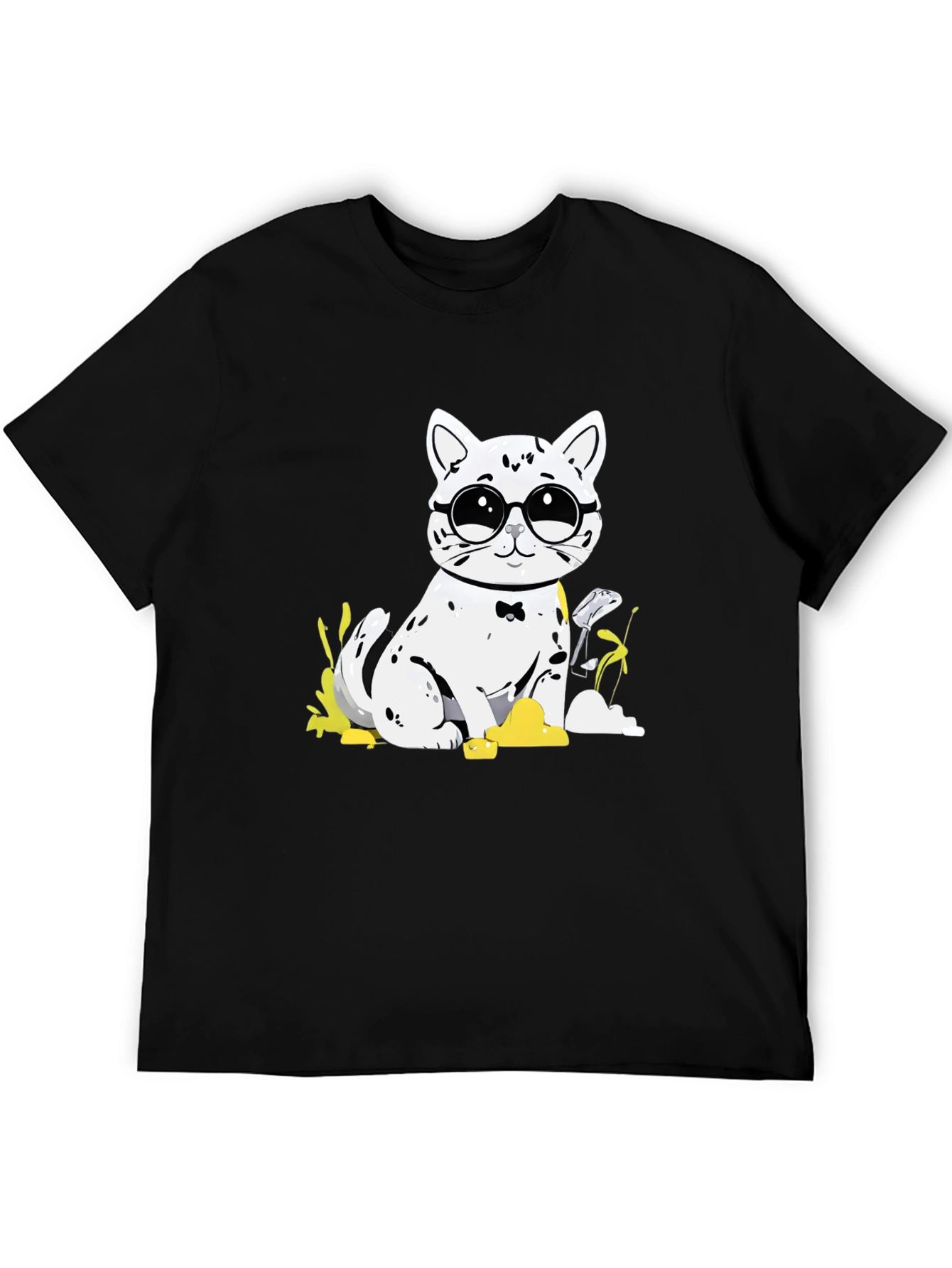 Cat with Glasses T-Shirt - Black Cotton Tee