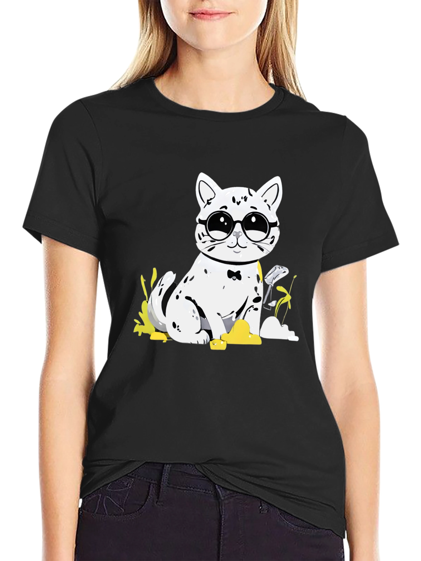 Cat with Glasses T-Shirt - Black Cotton Tee