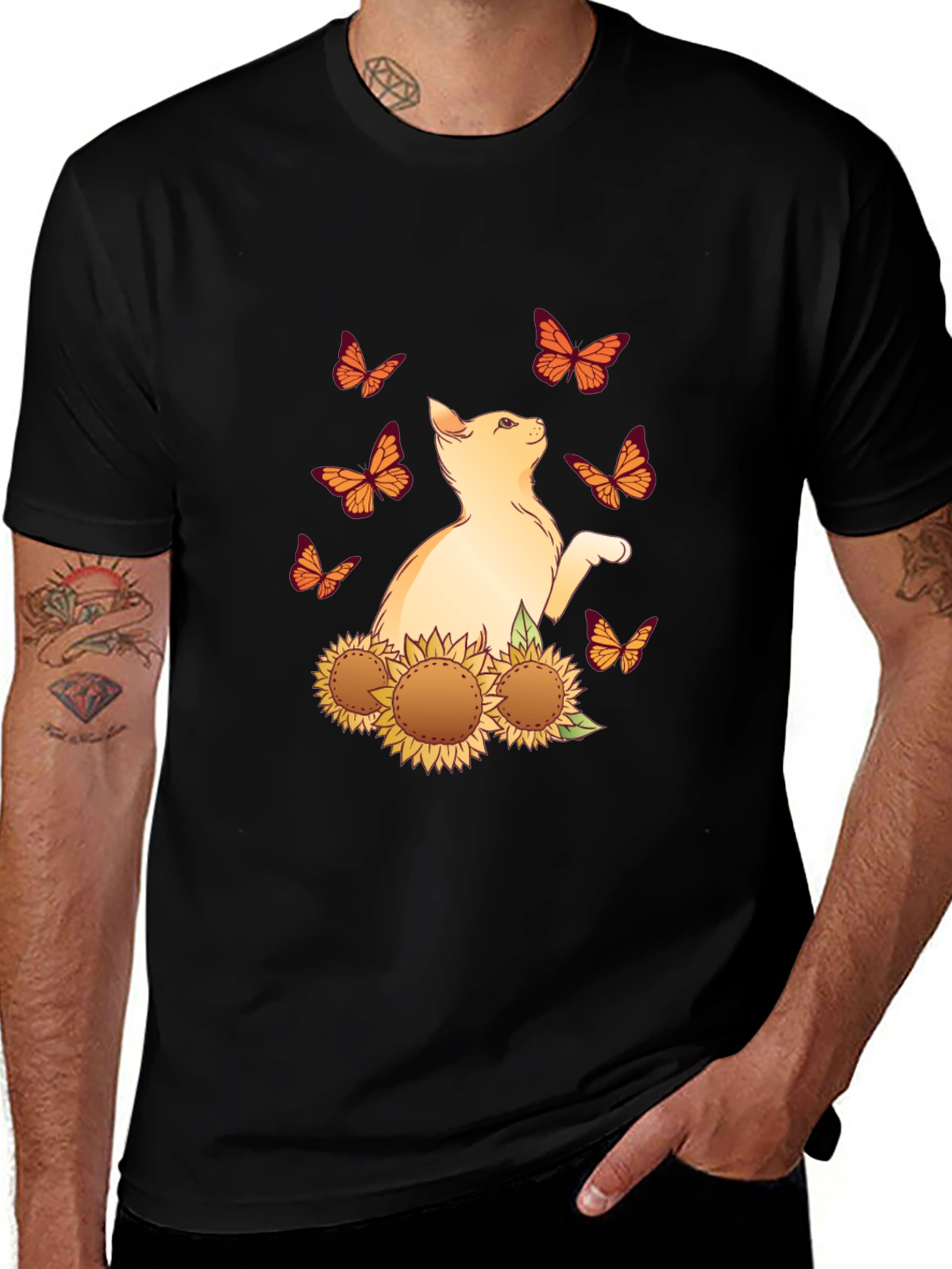 Cat & Sunflower Butterfly Graphic T-Shirt
