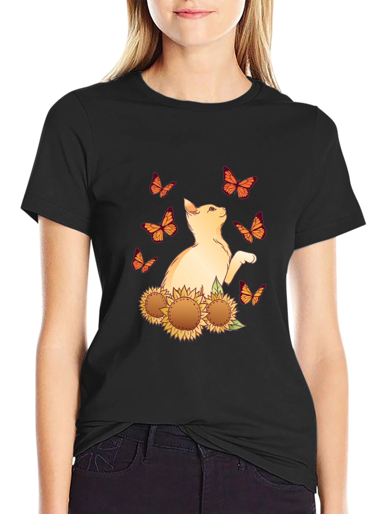 Cat & Sunflower Butterfly Graphic T-Shirt