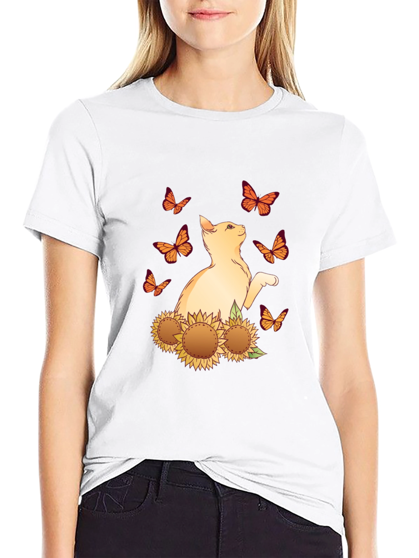 Cat & Sunflower Butterfly Graphic T-Shirt