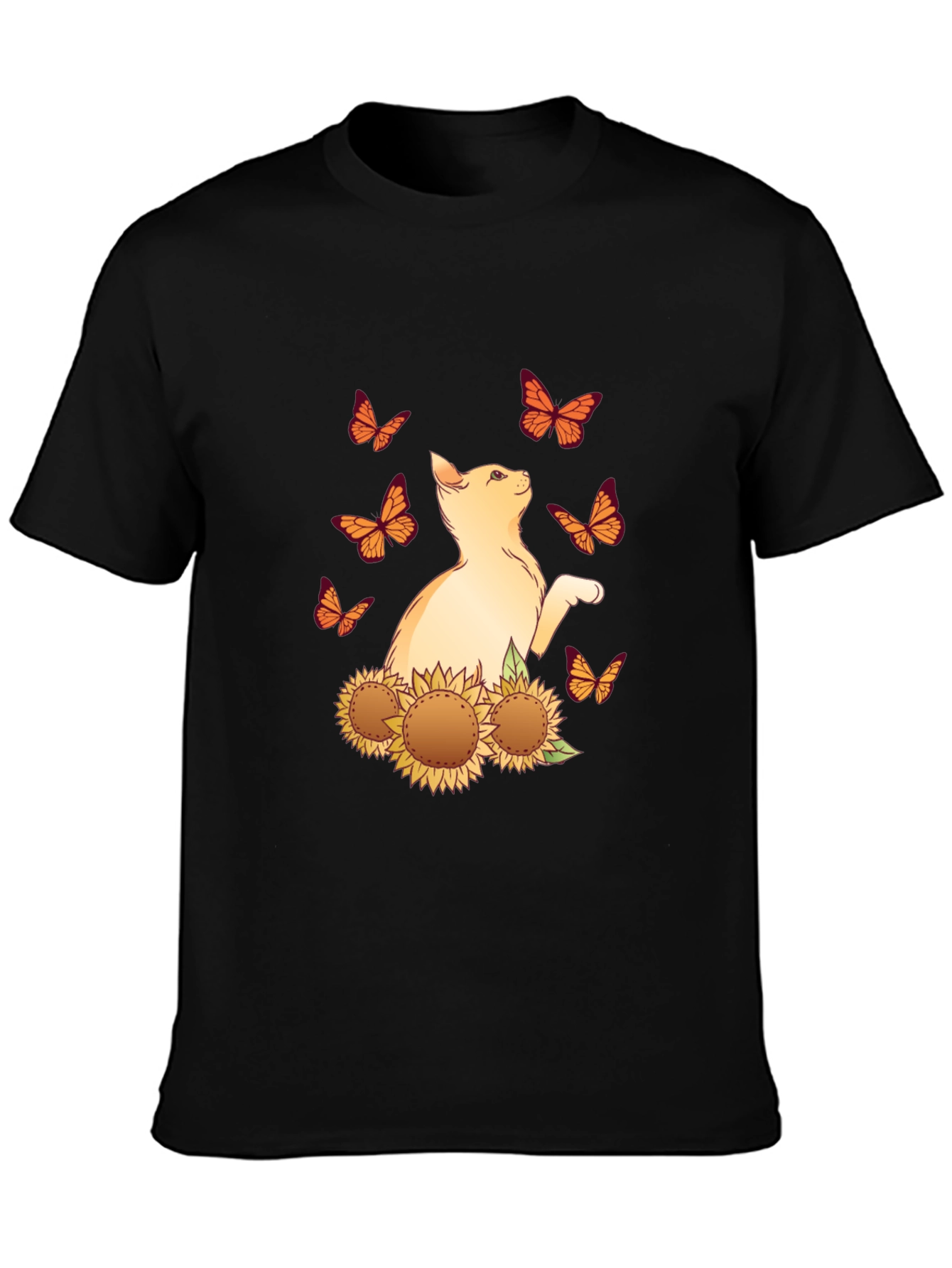 Cat & Sunflower Butterfly Graphic T-Shirt