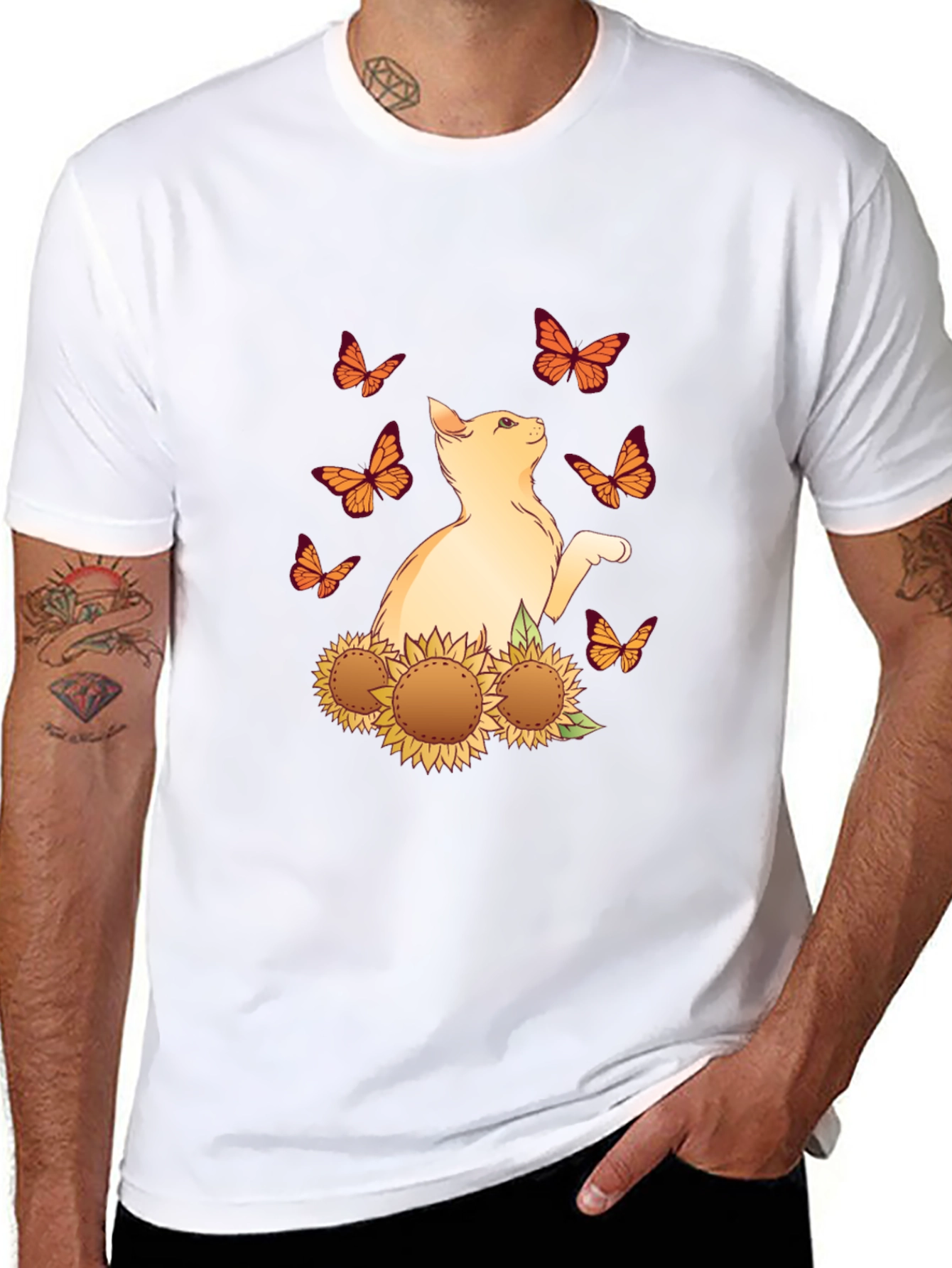 Cat & Sunflower Butterfly Graphic T-Shirt