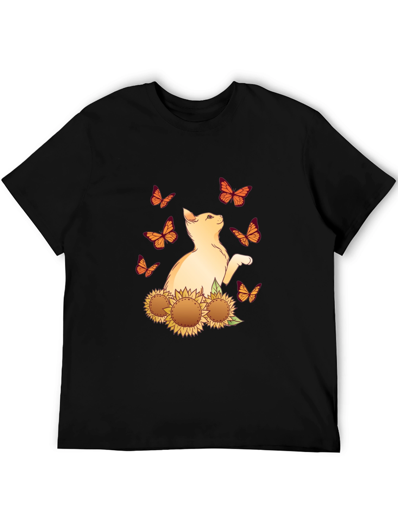 Cat & Sunflower Butterfly Graphic T-Shirt