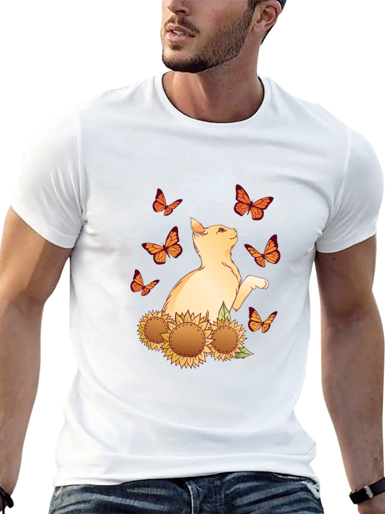 Cat & Sunflower Butterfly Graphic T-Shirt