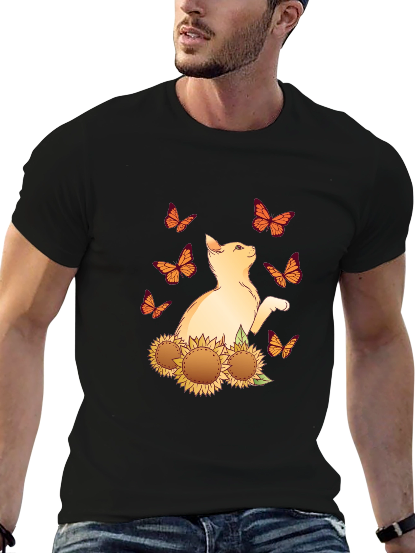 Cat & Sunflower Butterfly Graphic T-Shirt