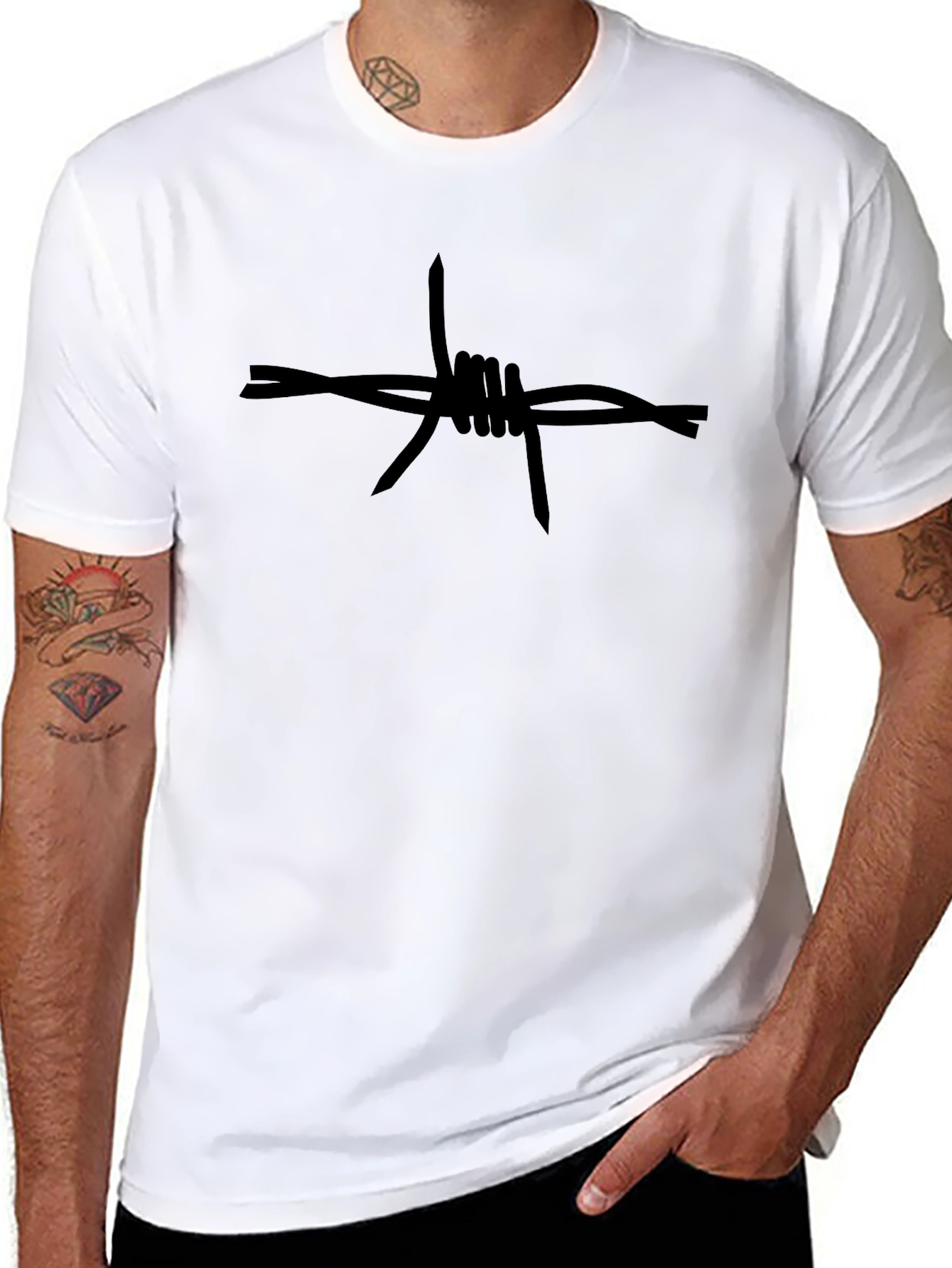 Edgy Barbed Wire Graphic Tee - Black Cotton Shirt