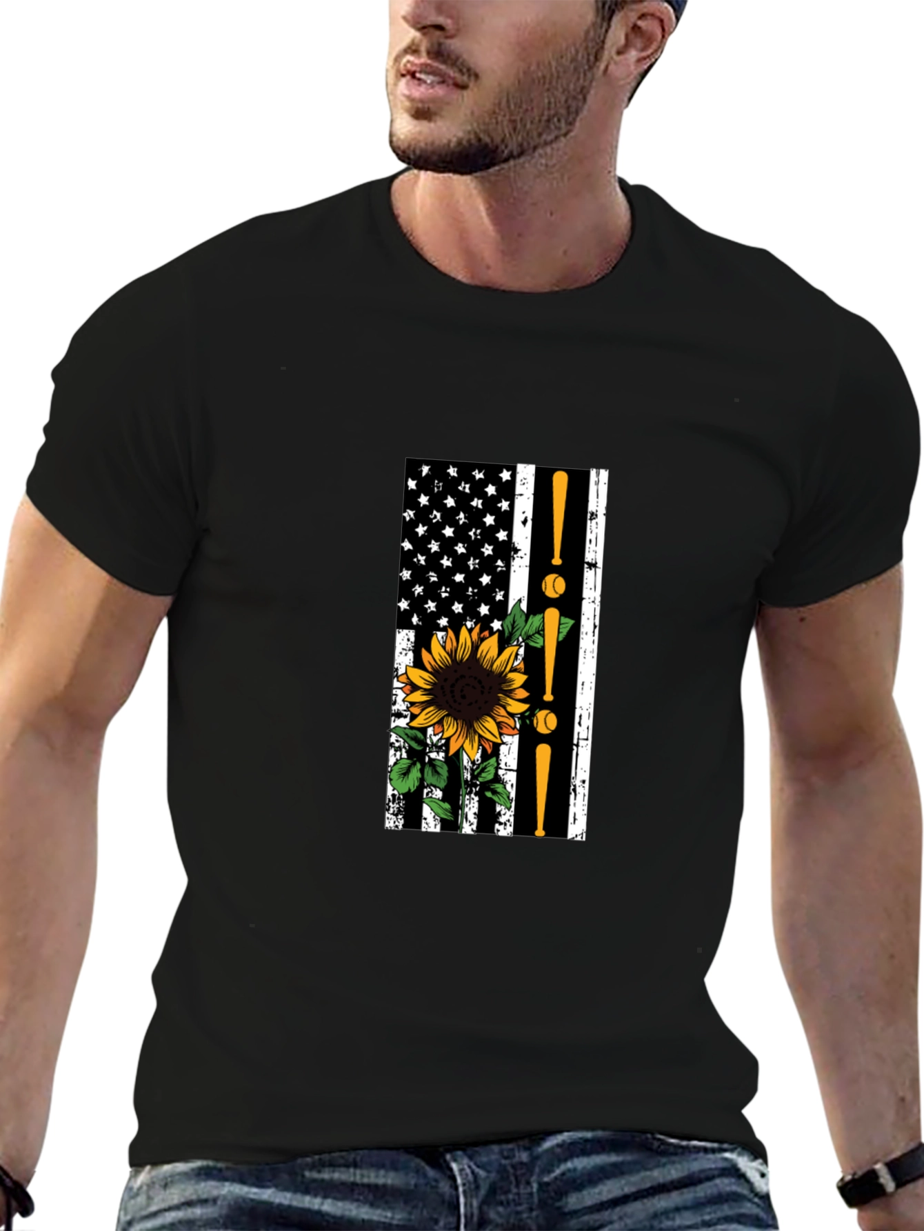 Baseball Sunflower American Flag T-Shirt