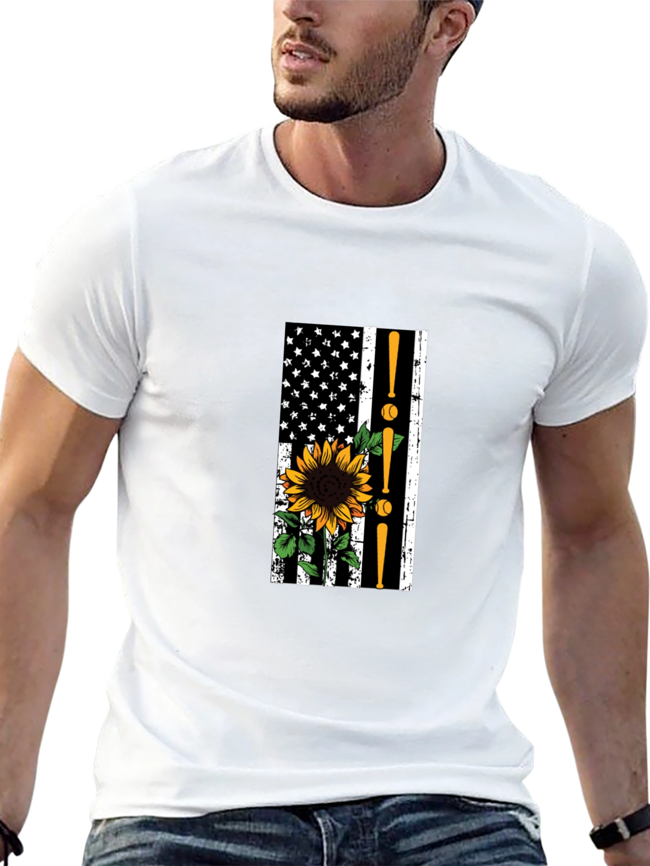 Baseball Sunflower American Flag T-Shirt