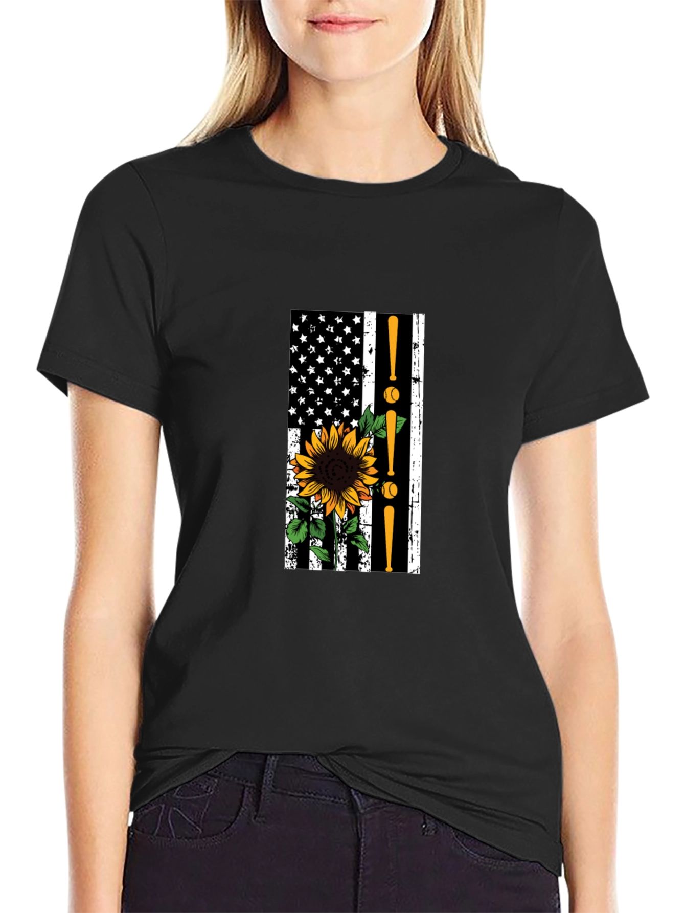 Baseball Sunflower American Flag T-Shirt