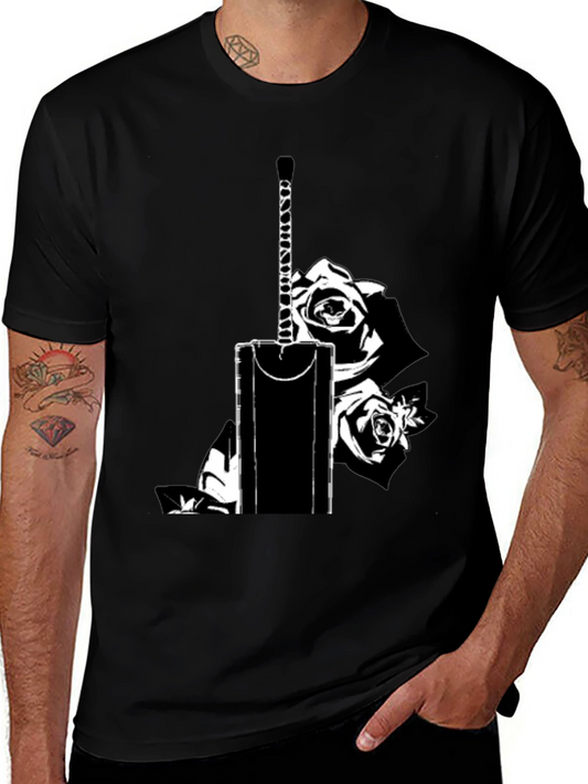 Black Graphic Tee with Sword & Rose Design