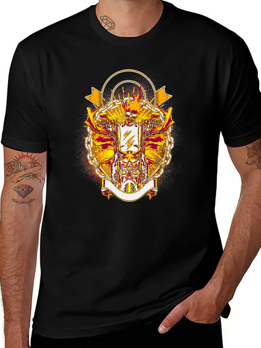Fiery Skull Motorcycle T-Shirt - Black Cotton Blend