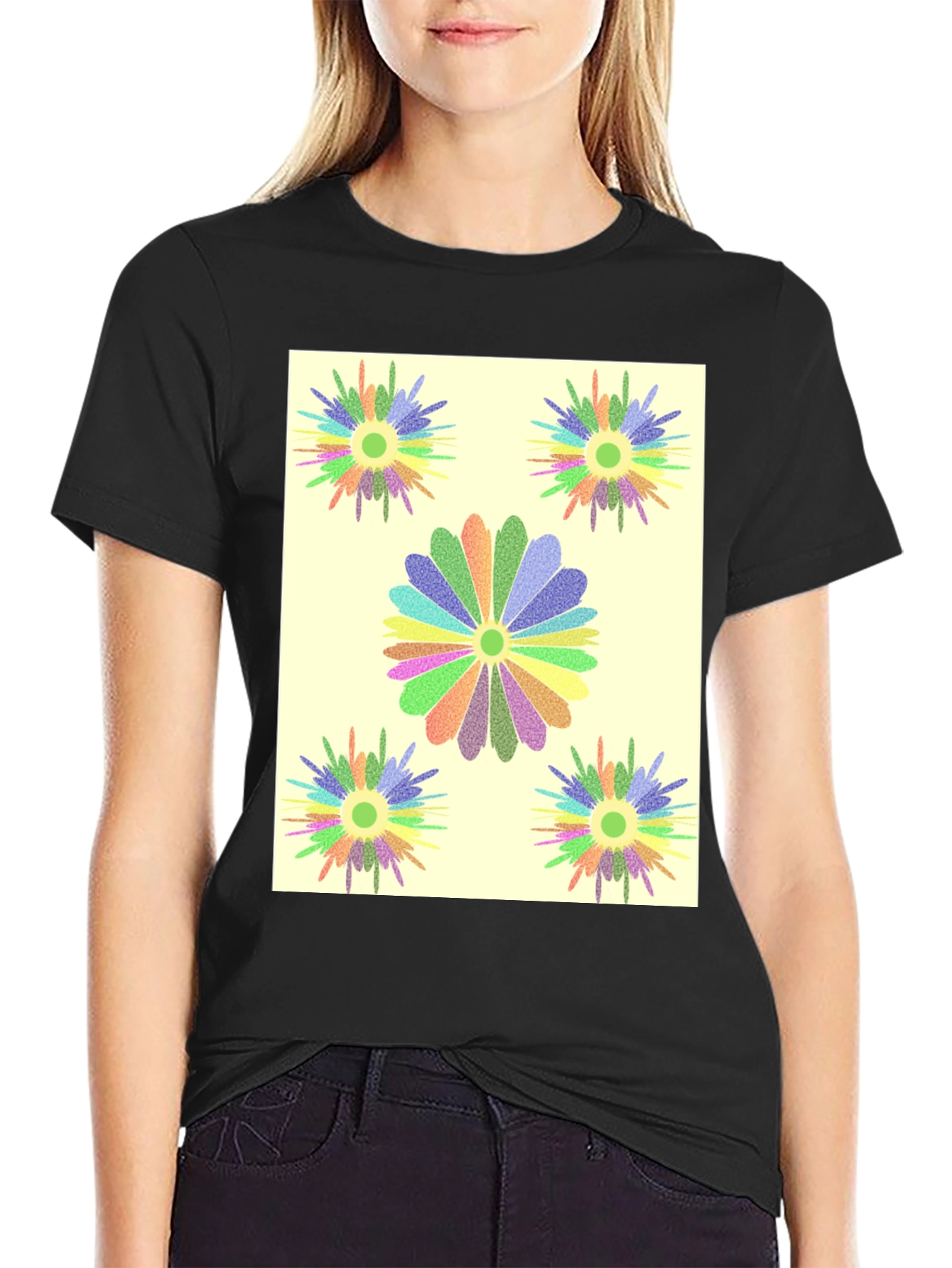 Floral Burst Graphic Tee - Black Cotton T-Shirt