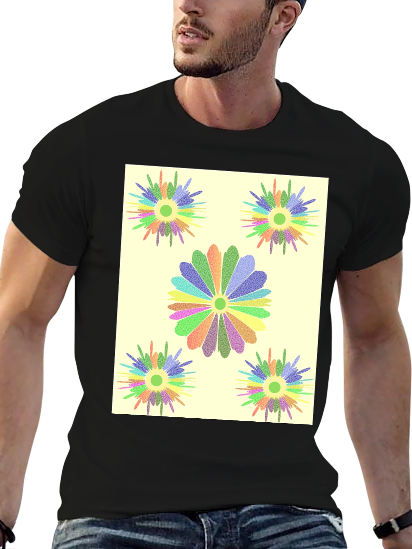 Floral Burst Graphic Tee - Black Cotton T-Shirt