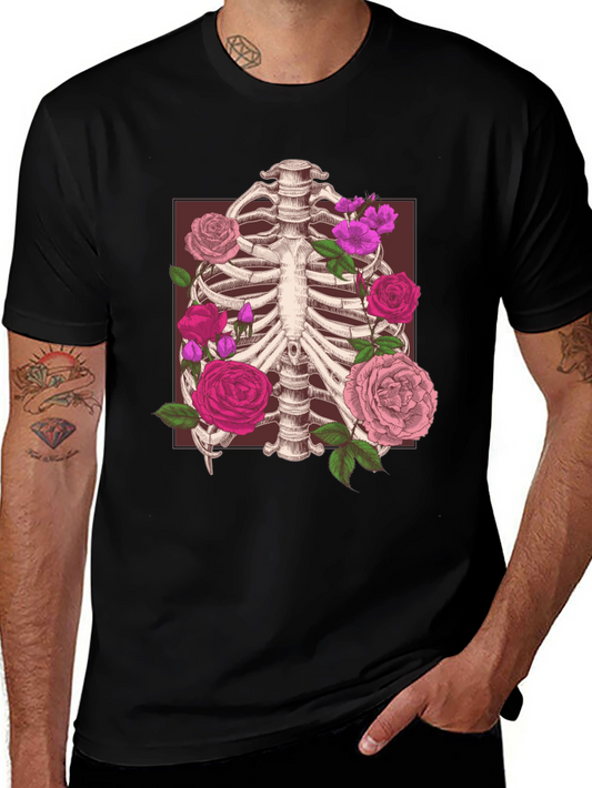 Floral Ribcage Graphic Tee - Dark Humor Style
