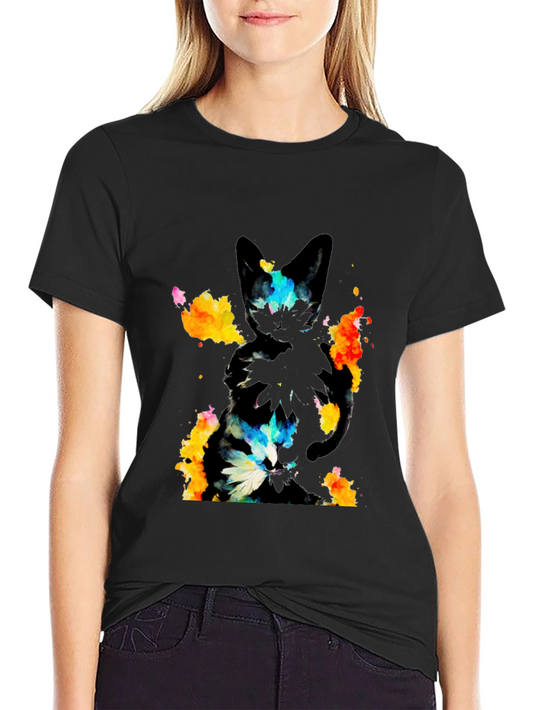 Abstract Cat Graphic Black T-Shirt