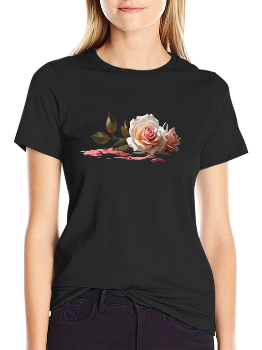 Floral Graphic Tee - White Roses on Black