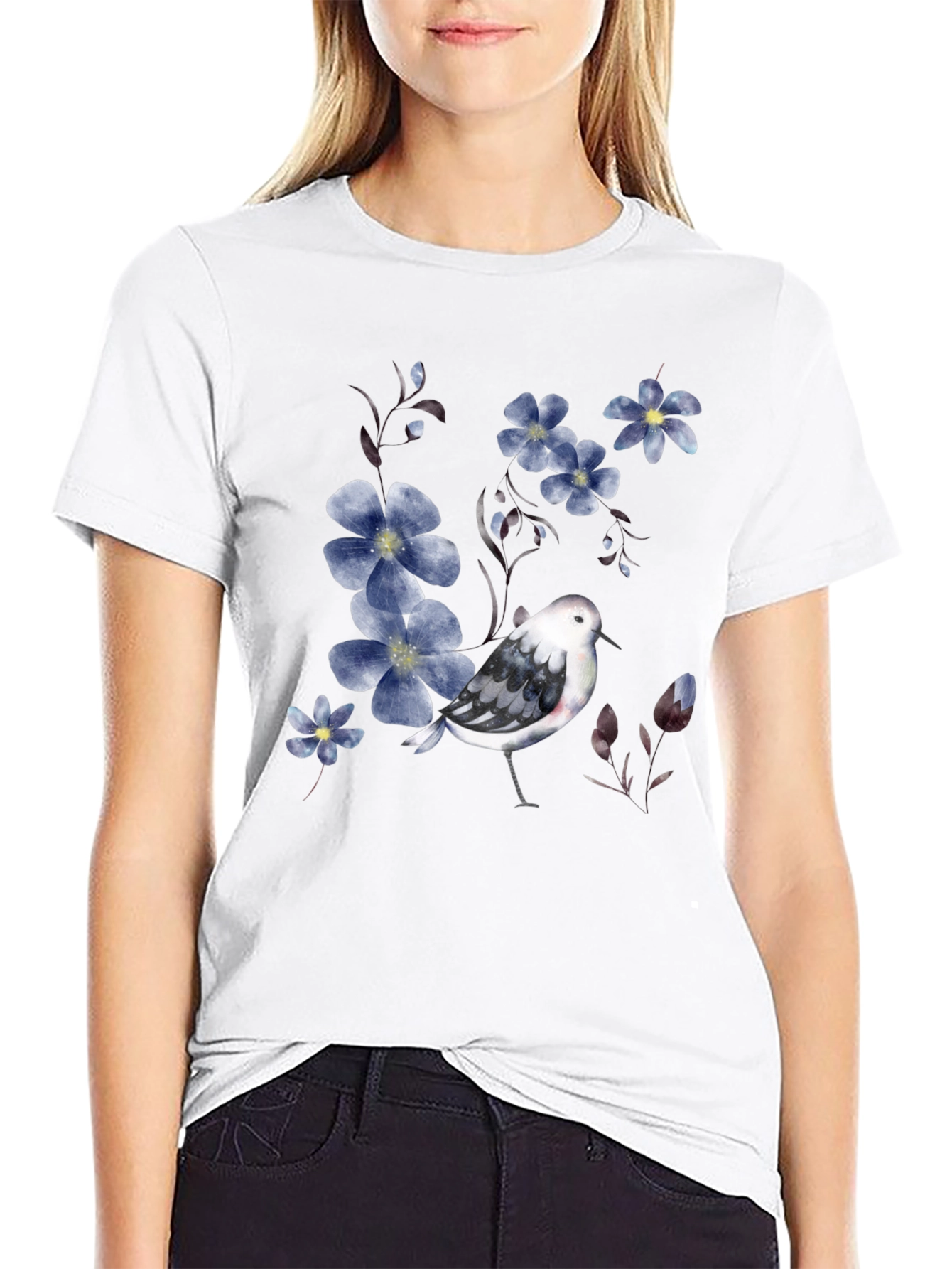 Floral Bird Print Black T-Shirt