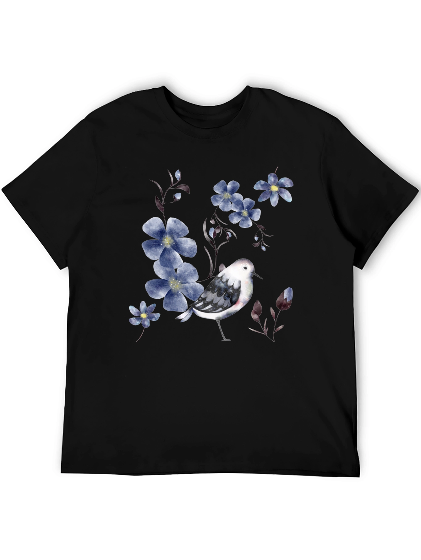 Floral Bird Print Black T-Shirt