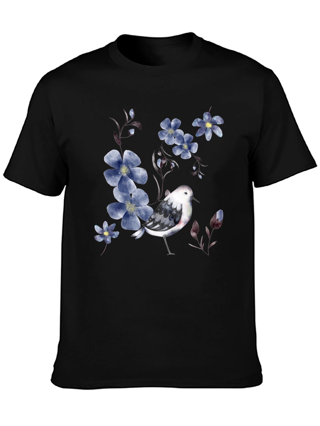 Floral Bird Print Black T-Shirt