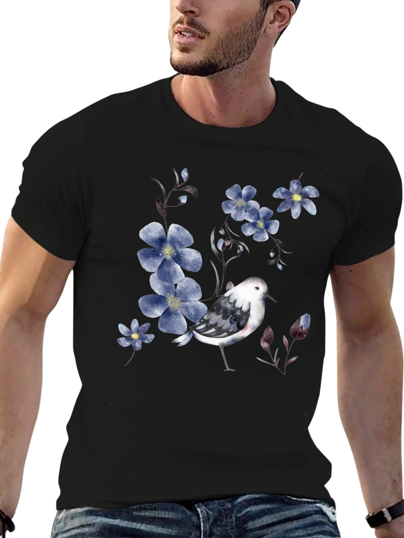 Floral Bird Print Black T-Shirt