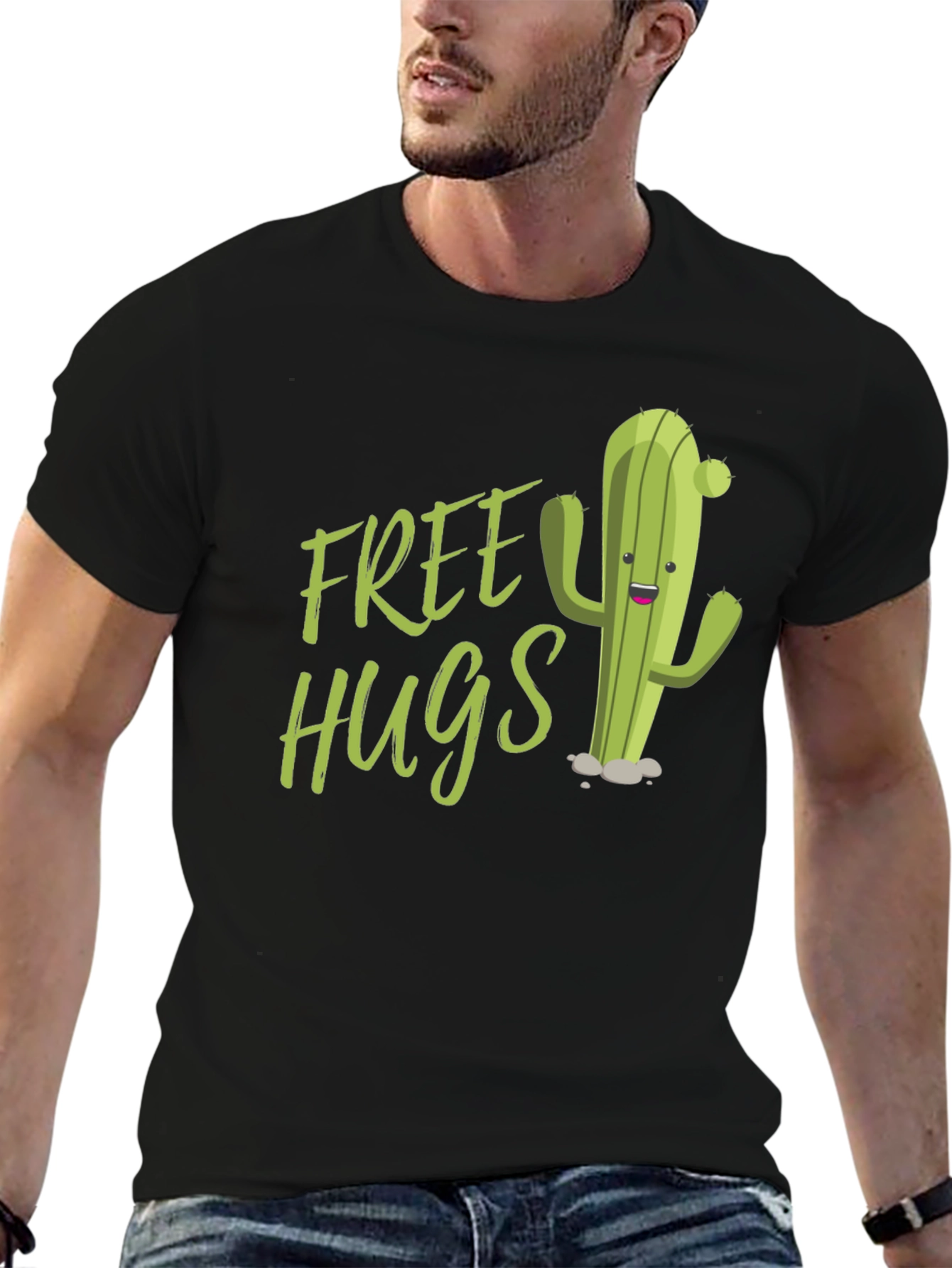 Free Hugs Cactus Graphic Tee - Fun Black T-Shirt