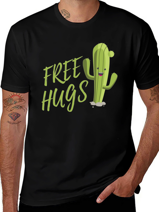 Free Hugs Cactus Graphic Tee - Fun Black T-Shirt