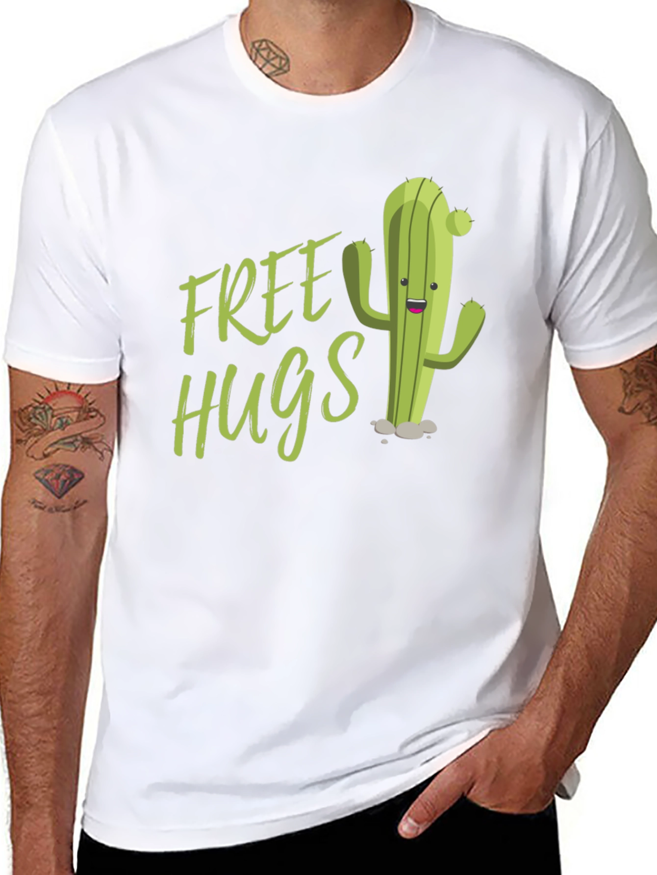 Free Hugs Cactus Graphic Tee - Fun Black T-Shirt