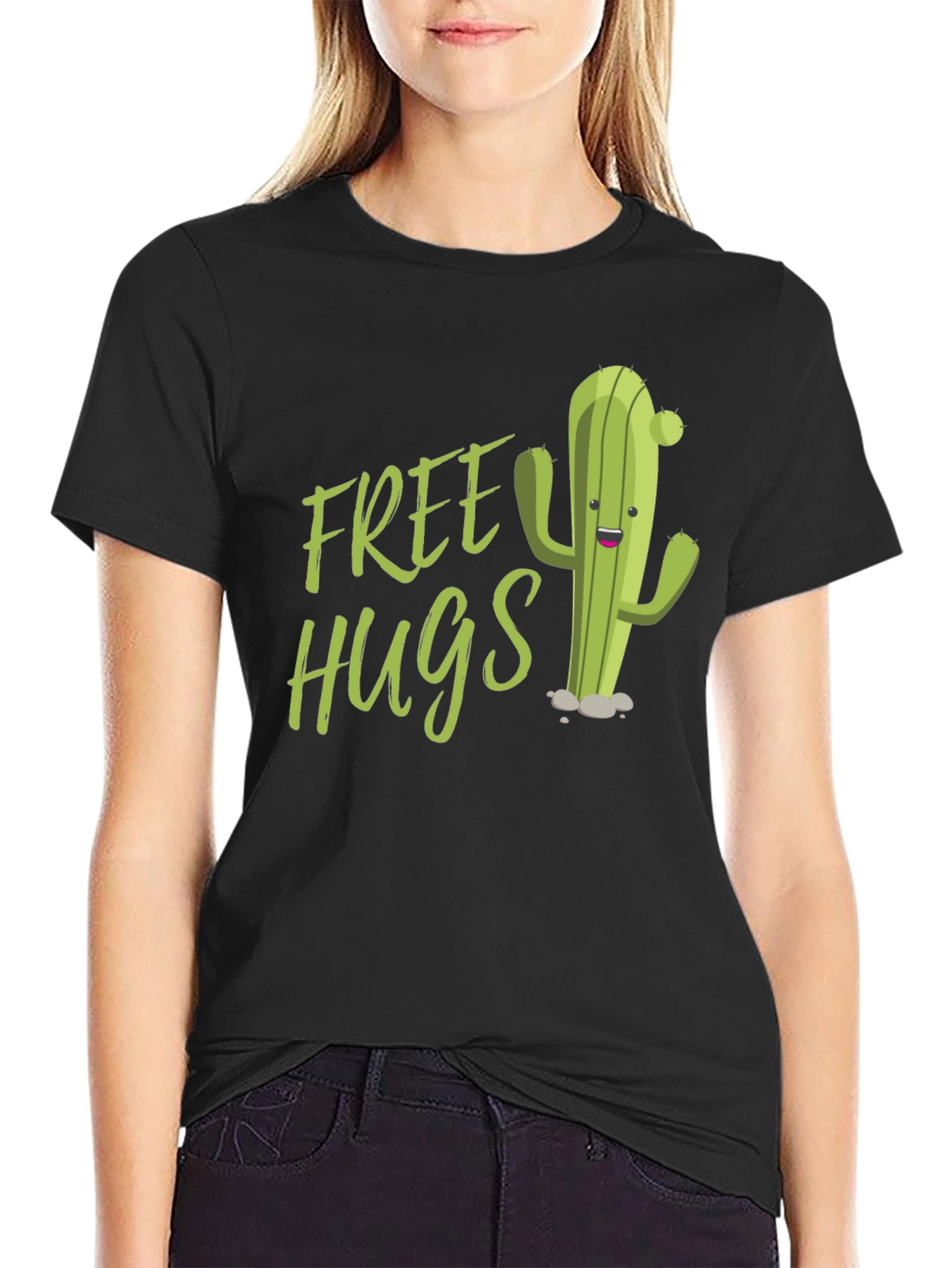 Free Hugs Cactus Graphic Tee - Fun Black T-Shirt