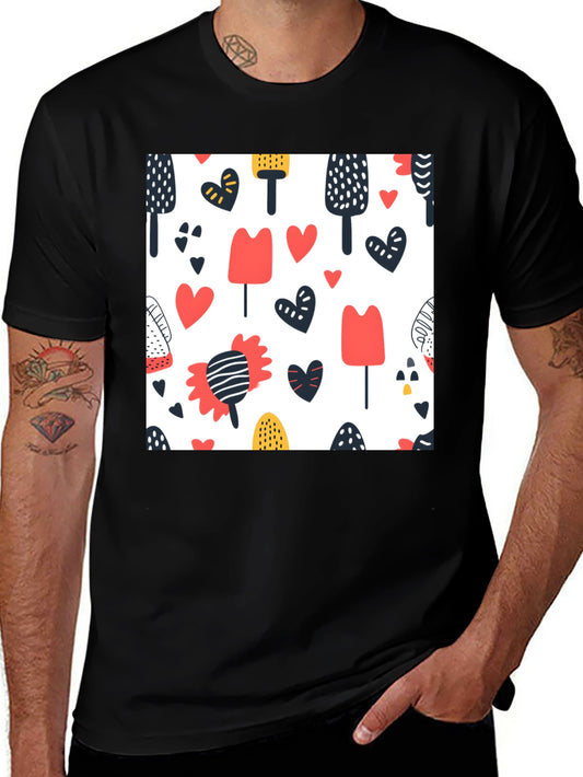 Funky Heart & Popsicle Print Mens Black Tee