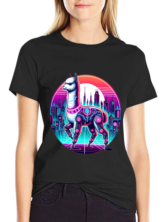Cyberpunk Llama T-Shirt - Retro Cityscape Graphic Tee