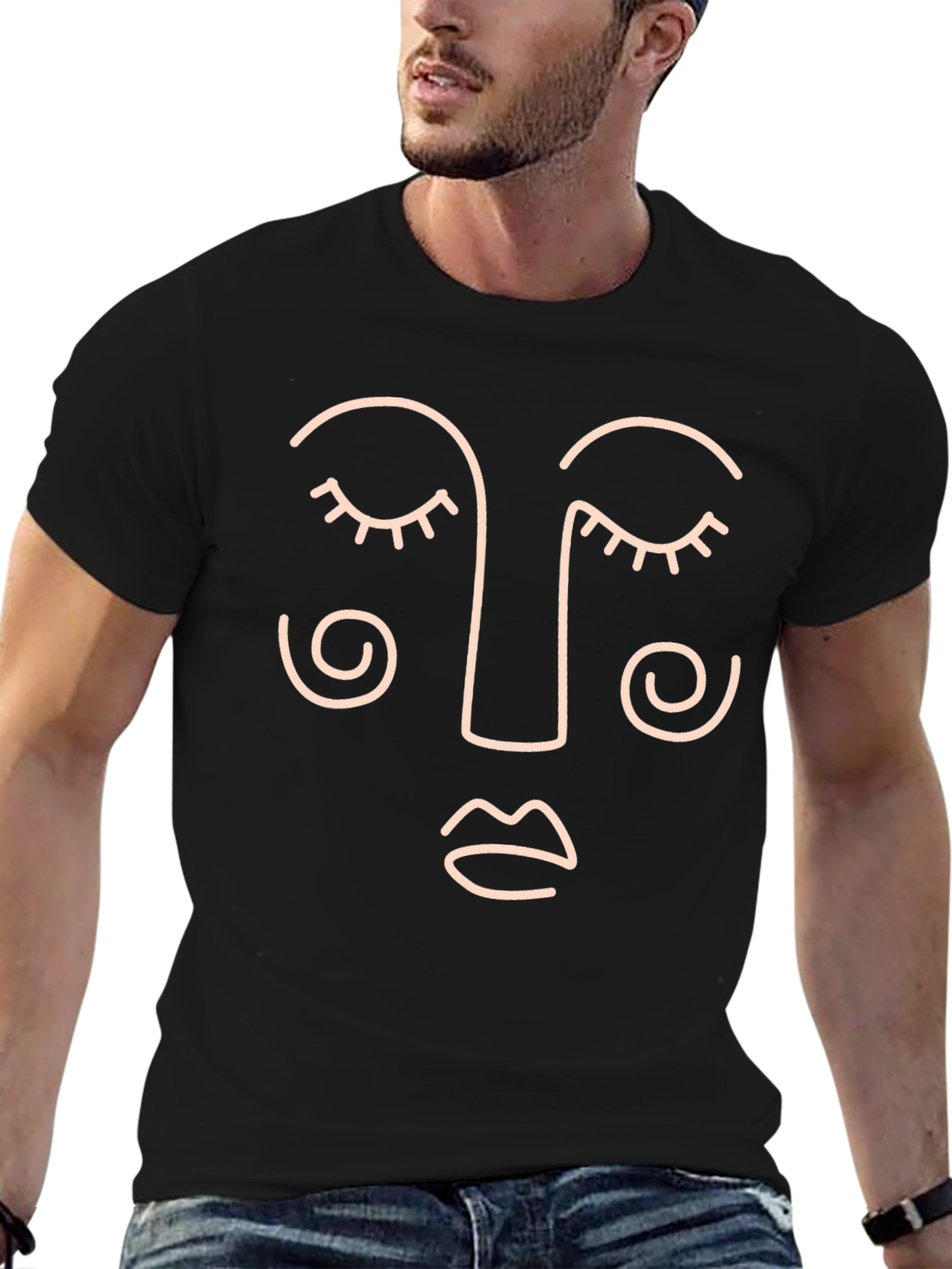 Minimalist Face Line Art Black T-Shirt