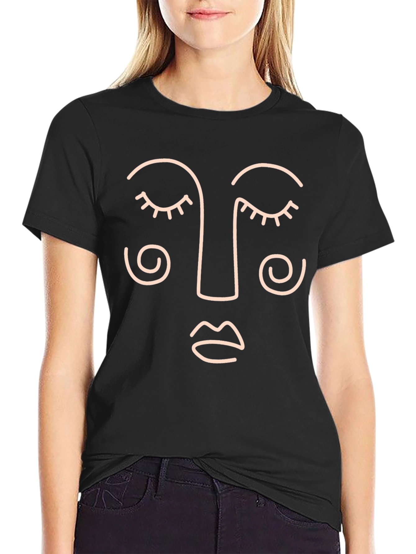Minimalist Face Line Art Black T-Shirt