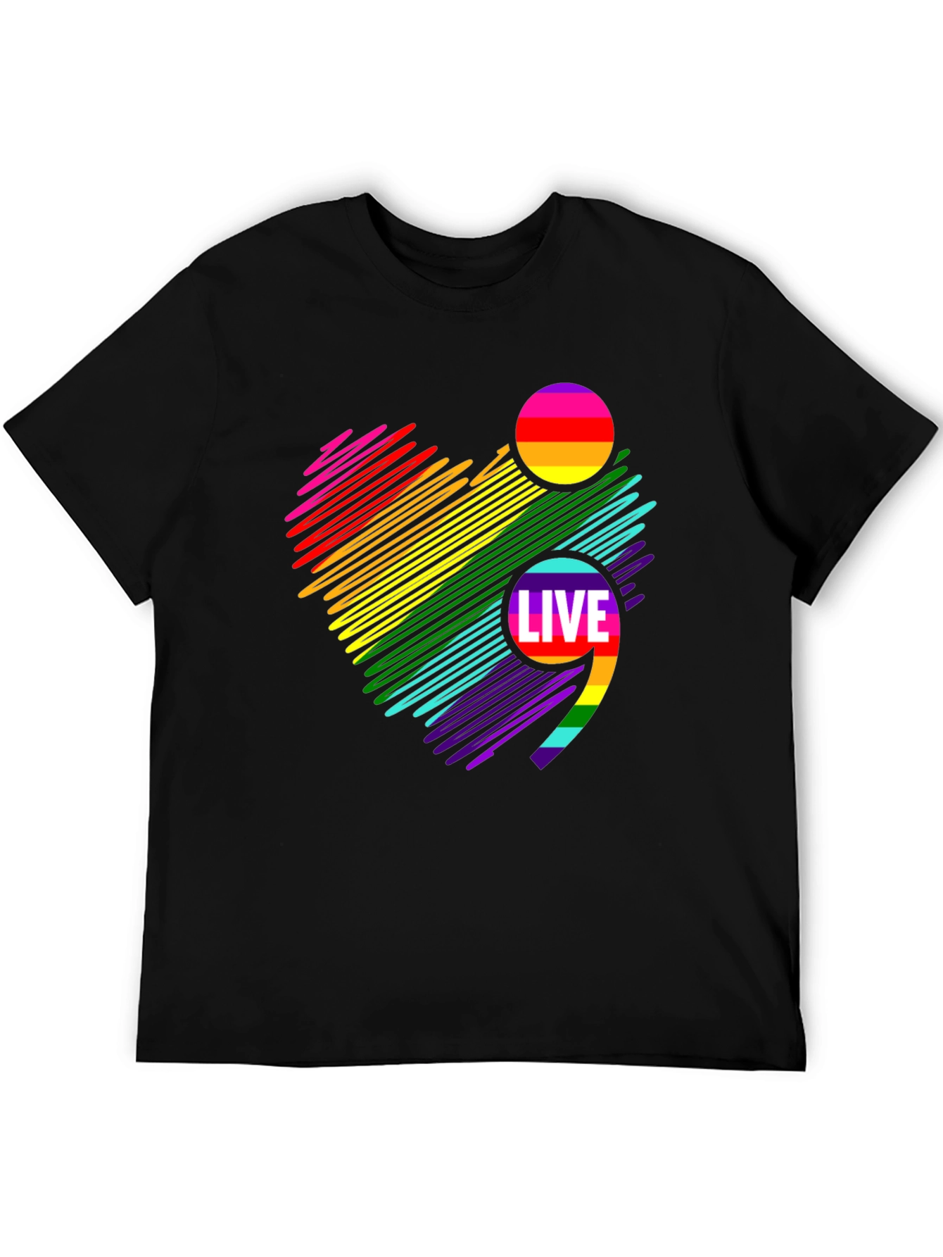 Live Semicolon Rainbow Heart Black T-Shirt