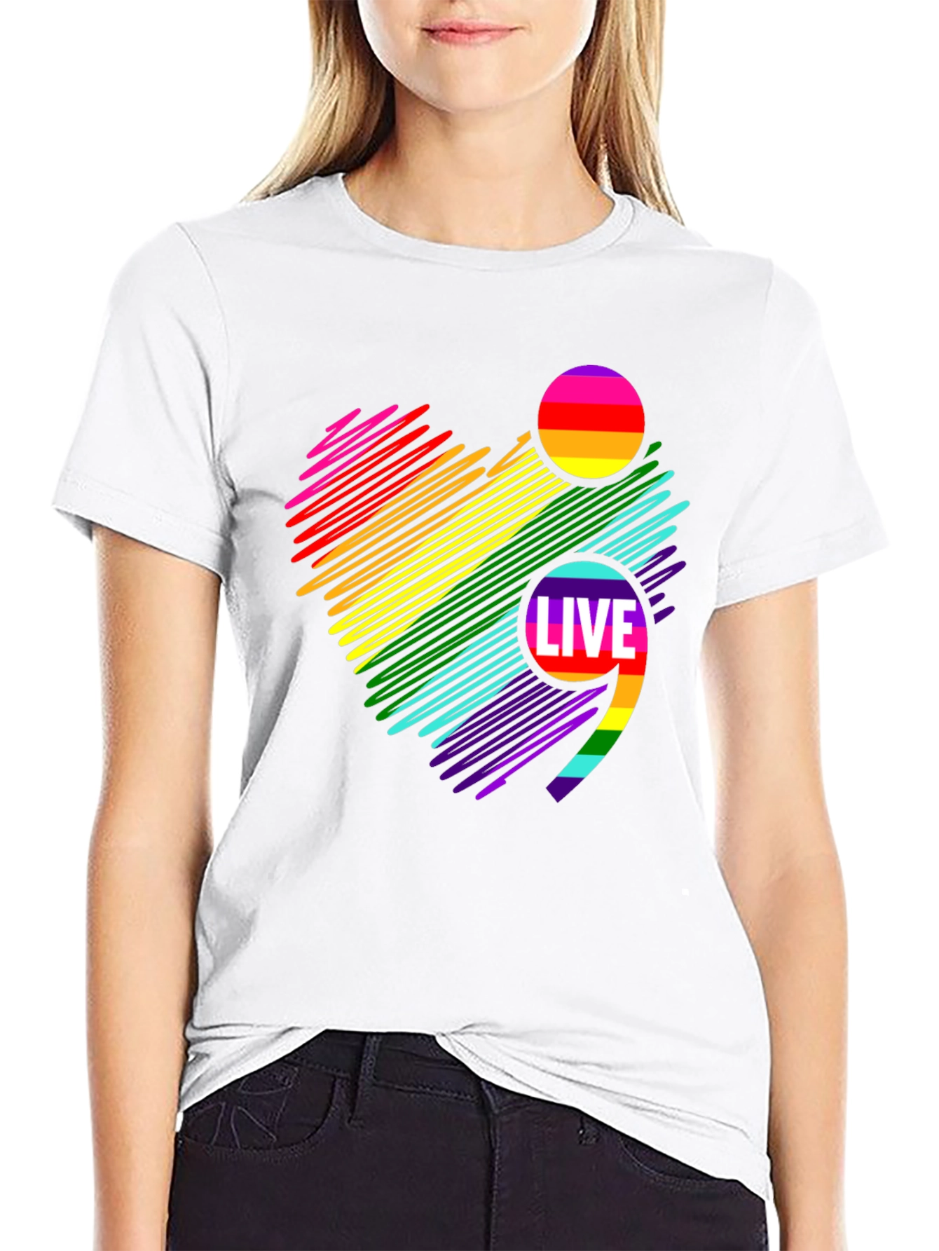 Live Semicolon Rainbow Heart Black T-Shirt
