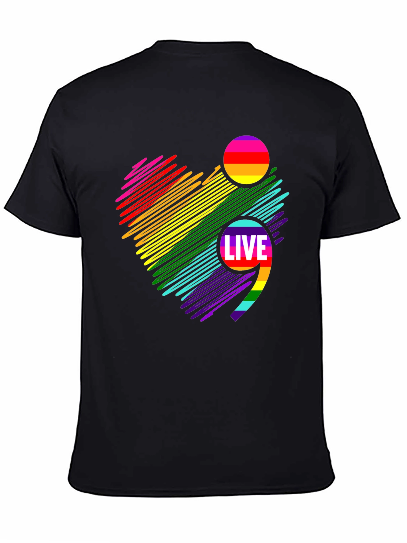 Live Semicolon Rainbow Heart Black T-Shirt