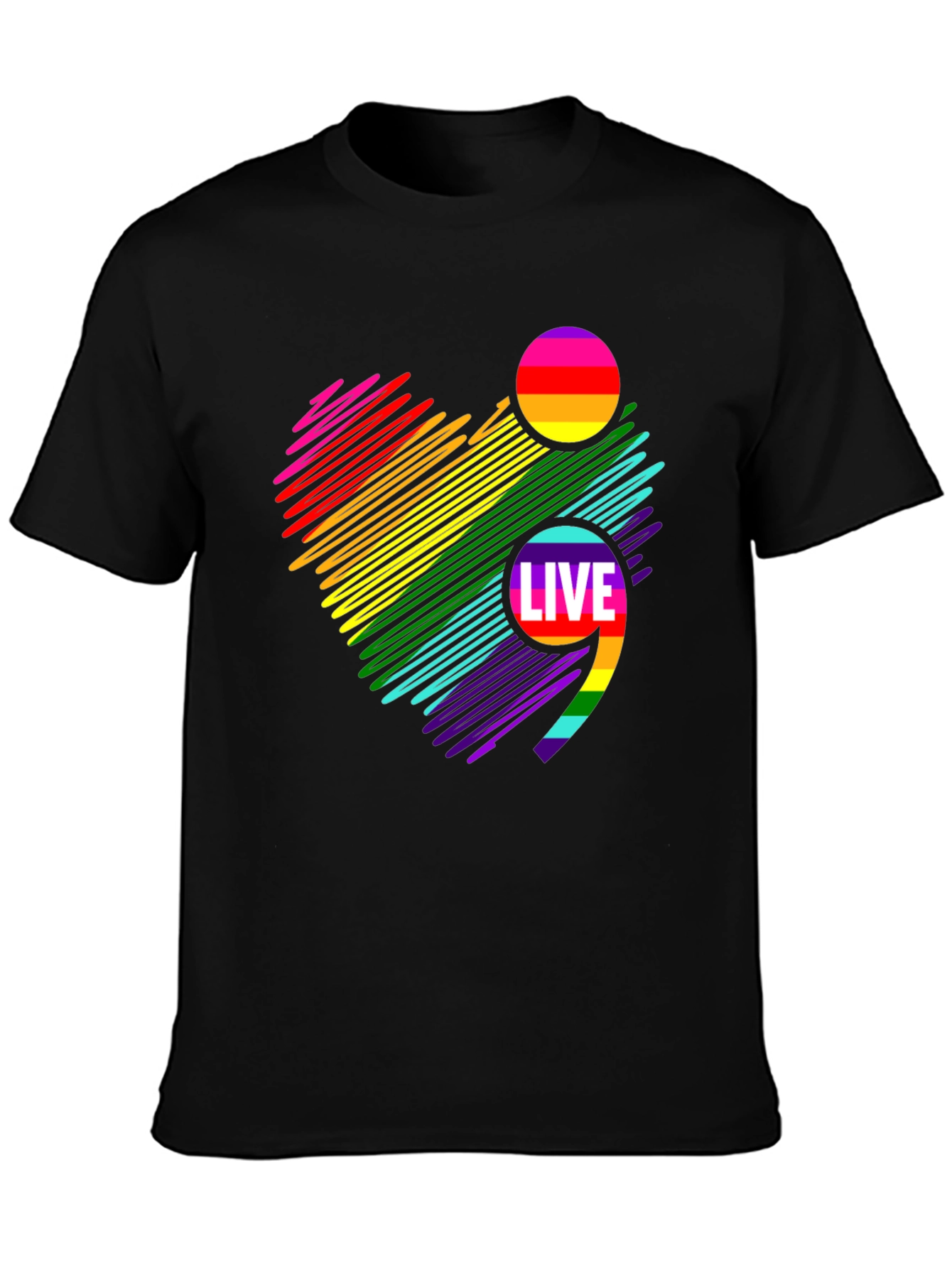 Live Semicolon Rainbow Heart Black T-Shirt