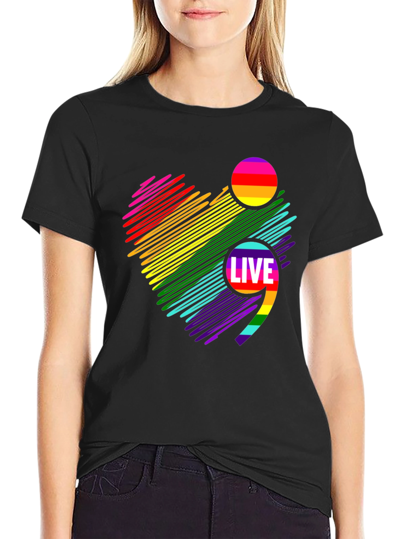 Live Semicolon Rainbow Heart Black T-Shirt