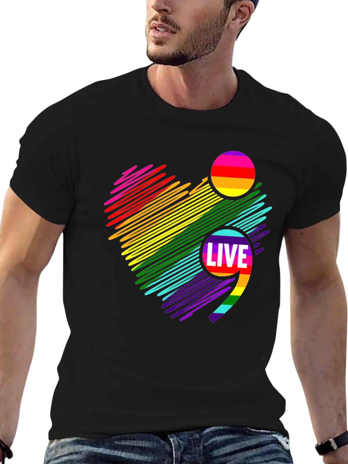 Live Semicolon Rainbow Heart Black T-Shirt