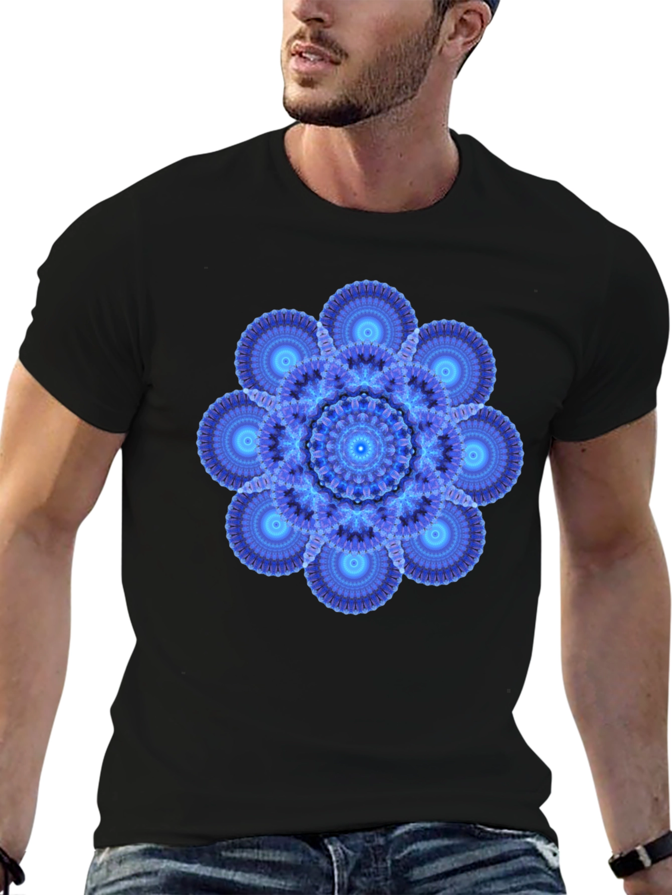Blue Mandala Graphic Print Black T-Shirt